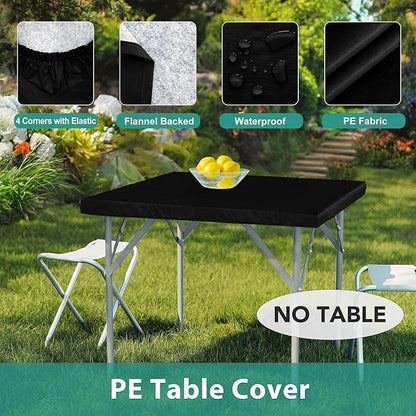 LUSHVIDA 4 Packs Vinyl Card Tablecloth with Flannel Backing 34x34 inch - Waterproof Plastic Picnic Table Cover for Square Folding Table Cloth with Elastic Corners, Black