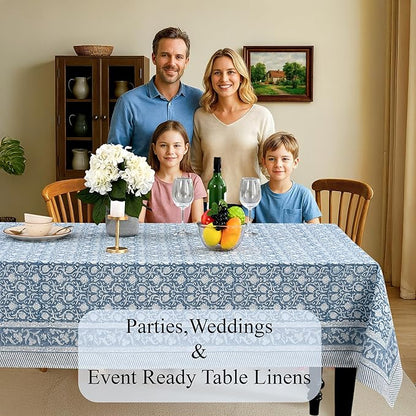CPC Azure Regal Tablecloth 100% Cotton 70x118 Inch Indian Block Print Rectangle Table Cover, Table Cloth for Gifting in Weddings, Halloween, Fall, Christmas, Thanksgiving