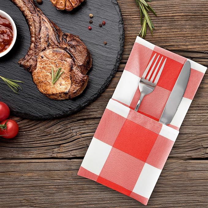 Buffalo Plaid Table Napkins Set of 12 Checkered Cloth Napkins 17x17 inch Washable Dinner Gingham Pattern Napkins Soft Napkins for Wedding Party Dining Banquet(Red and White)