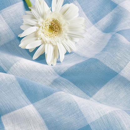 Solino Home Linen Checkered Table Runner 120 Inches Long - 100% Pure Linen Blue Bell Buffalo Check Table Runner 14 x 120 Inch Ideal for Dining, Spring, Easter, Winter