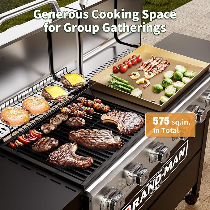 Brand-Man Griddle Grill Combo 6-Burner, 2 in 1 Versatile Propane Gas Grill and Griddle with Double Stainless Steel Lids, BBQ Combo for Outdoor Kitchen & Backyard Barbecue Cooking