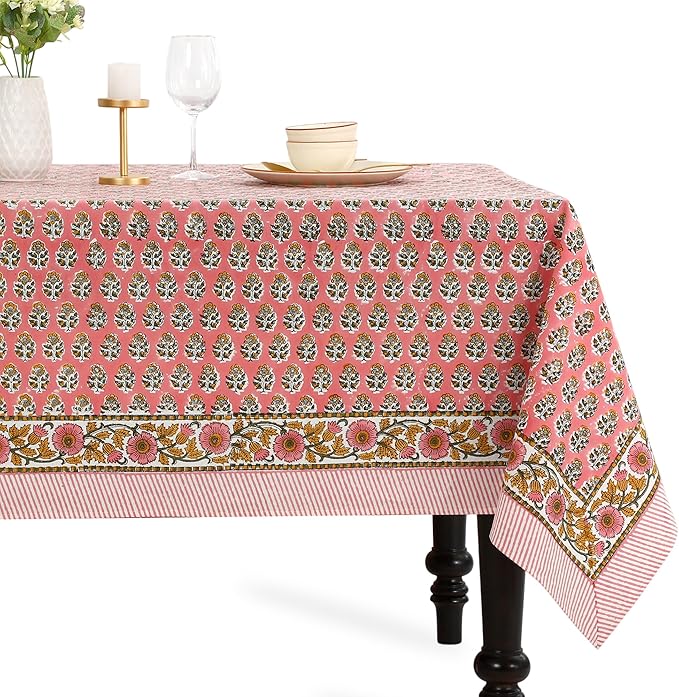 CPC Tablecloth 100% Cotton 70x118 Inch Indian Block Print Rectangle Table Cover, Washable Table Cloth for Weddings, Spring/Summer, Barbeque - Poppy Pink