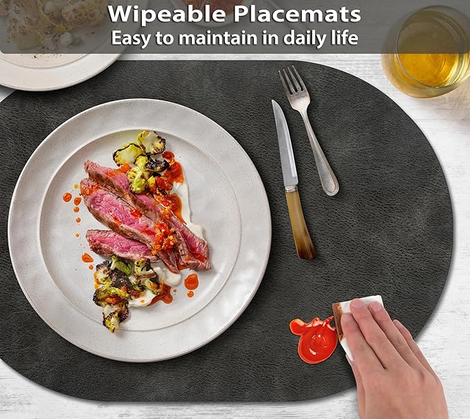 ADRIMER Placemats, Heat Resistant Oval Placemats Set of 8 Washable 12 x 17 Inch, Waterproof Table Mats, Wipeable Pu Place Mats for Kitchen, Dark Grey