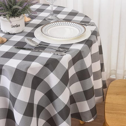 Cupuamon 2 Pack Waterproof Polyester Fabic Round Checkered Tablecloth，60 Outdoor Table Cloth，Oil Stain Prevention Table Cloth for Pinics and Parties（Gary and White）