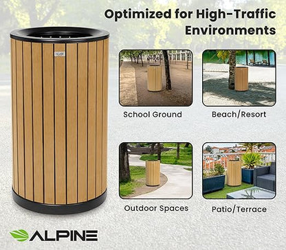 Alpine 32 Gallon Commercial Outdoor Trash Can - Heavy Duty Garbage Can Outdoor, Industrial Open Top Trash Can with Plastic Panels for Patio, Parks, Trails, Resorts (Flat Lid - Cedar)