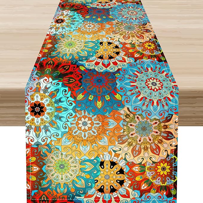 Bohemian Mandala Table Runner, Vintage Colorful Boho Geometric Floral Flower Antique Paisley Rustic Coffee Table Center Decor for Family Kitchen and Living Room Outdoor Table Decorations, 13"x108"