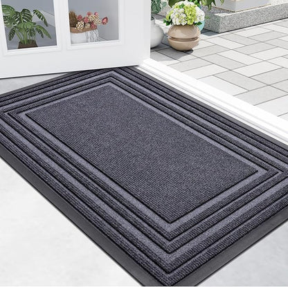 Buganda Front Door Mat Indoor Outdoor Entrance, Non-Slip Natural Rubber Doormats, Easy Clean, Low Profile, Dirt Trapper Entryway Floor Mats for Outside, Garages and Patios, 29.5x17, Grey