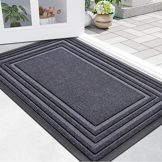 Buganda Front Door Mat Indoor Outdoor Entrance, Non-Slip Natural Rubber Doormats, Easy Clean, Low Profile, Dirt Trapper Entryway Floor Mats for Outside, Garages and Patios, 29.5x17, Grey