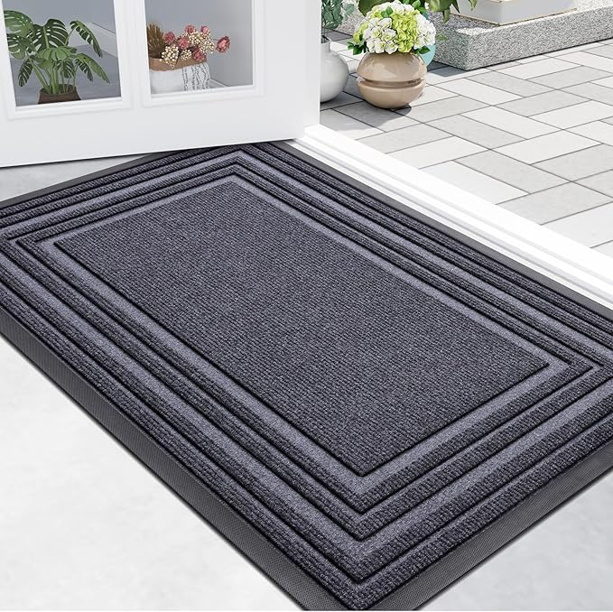 Buganda Front Door Mat Indoor Outdoor Entrance, Non-Slip Natural Rubber Doormats, Easy Clean, Low Profile, Dirt Trapper Entryway Floor Mats for Outside, Garages and Patios, 36x24, Grey
