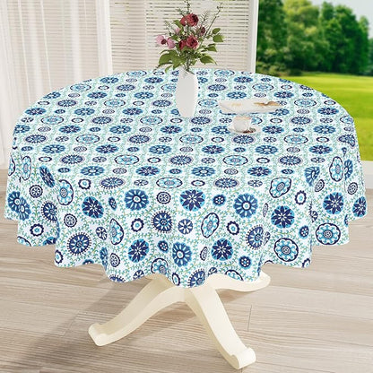 misaya Round Waterproof Vinyl Table Cloth, Wipeable Tablecloth with Flannel Backing, Plastic Table Cover for Dinner, Picnic, Indoor and Outdoor (Navy Mandala, 60")