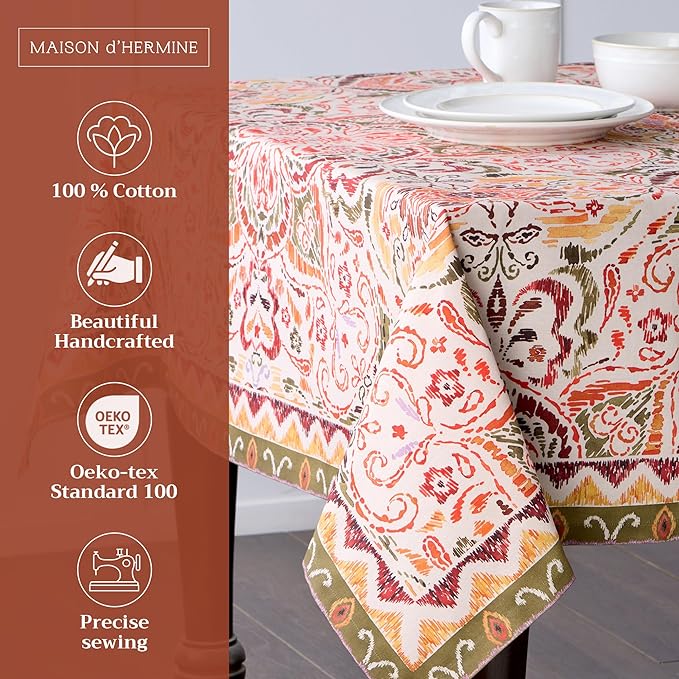 Maison d' Hermine Table Cloth Rectangle Table 100% Cotton 70 x 90 Inches Fall Tablecloth Reusable Everyday Use for Thanksgiving Christmas Decorations Dining Farmhouse Party (Damask)