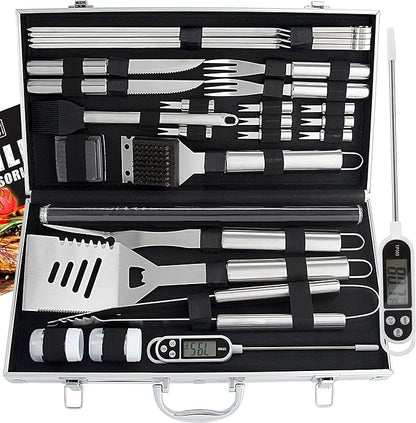 ROMANTICIST 28pcs BBQ Accessories Set with Thermometer - The Very Best Grill Gift on Birthday Wedding - Heavy Duty Stainless Steel Grill Set in Case for Outdoor Cooking Camping Grilling Smoking
