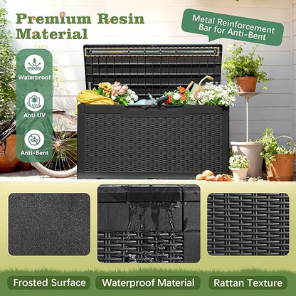 Flamaker Outdoor Storage Box 100 Gallon Waterproof Resin Deck Box Delivery Box with Air Rod Indoor Outdoor Lockable Storage Bench for Patio Cushions, Tools, Pool Accessories (Black)