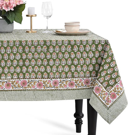 CPC Tablecloth 100% Cotton 70x108 Inch Indian Block Print Easter RectangleTable Cover, Table Cloth for Weddings, Parties- Jade Green 8-Seater