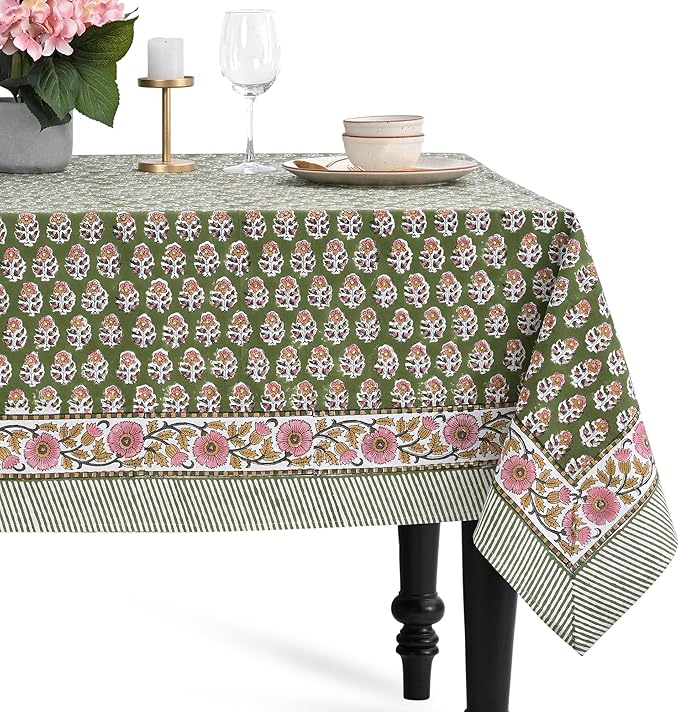 CPC Tablecloth 100% Cotton 72x140 Inch Indian Block Print Easter Rectangle Table Cover, Table Cloth for Weddings, Parties- Jade Green 12-Seater