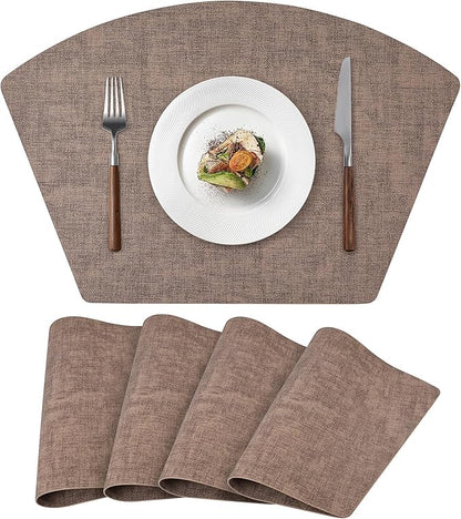 Round Table Placemats Set of 4, Faux Leather Wedge Shape Place Mats Heat Resistant Wipeable Washable Table Mats for Dining Outdoor Indoor, Brown