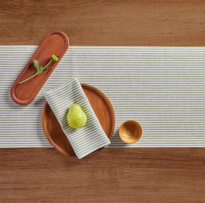 Solino Home Linen Table Runner 120 Inches Long - Narrow Stripe, 100% Pure Linen Avocado and White Table Runner 14 x 120 Inch for Dining, Winter, Spring, St Patricks Day, Easter