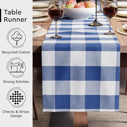 Encasa XO Cotton Dining Table Runner | Buffalo Blue Checks | Size 13x59 in - Machine Washable & Durable