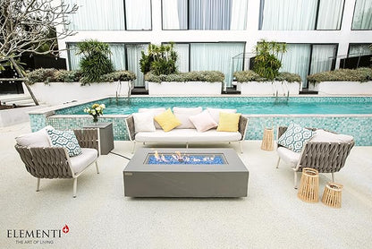 Elementi+ | Bundle Meteora Gas Fire Pit Cast Concrete 56" Rectangular Fire Table, Outdoor Fire Pit Electronic Ignition | Canvas Cover, Fire Glass and Burner Lid Included | Light Gray | Propane Gas