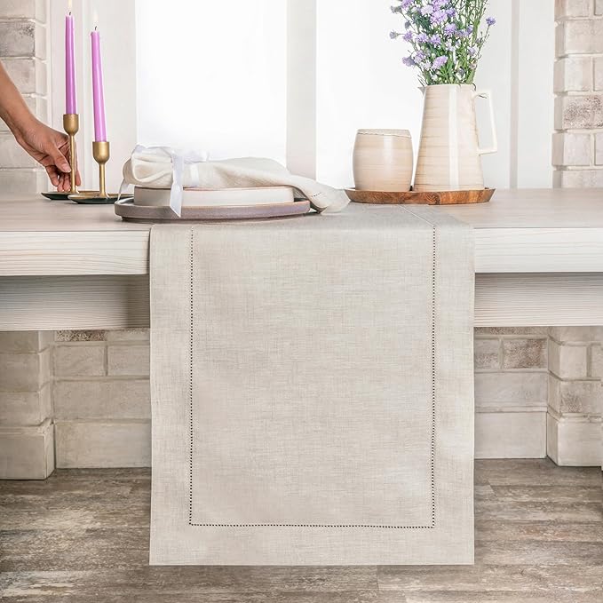 D'Moksha Homes Linen Light Natural Table Runner 48 Inches - Classic Hemstitch, 100% Pure Linen Coffee Table Runner 14 x 48 Inch Ideal for Dresser Tables, Valentines, Spring, Easter