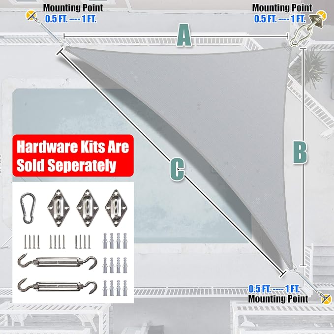 Amgo Custom Size 8' x 11' x 13.6' Gray Right Triangle Sun Shade Sail UPF50+ - Image 6