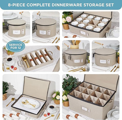 China Storage Hard Shell Containers 8-Piece Set Moving Boxes for Dinnerware, Glasses, Plates, Mugs and Saucers Sturdy Dish Organizer with Dividers for Seasonal Storage - Service for 12 - Brown