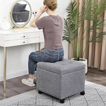 Homebeez Multifunctional Space-Saving Linen Storage Ottoman with 360° Rolling Wheels, 17.7" Square Tufted Cube Footstool with Hinged Lid, Holds 300 lbs, for Living Room, Bedroom, Entryway, Grey