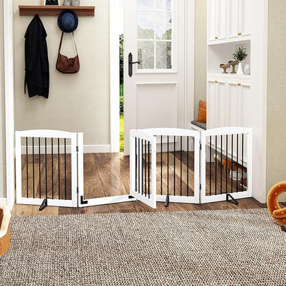 Freestanding Dog Gate with Door, Pet Gate for Stairs, 80 inch Wide Pet Barrier Indoor, Dog Fences Indoor, Support Feet Included, 4 Panels, 24" Tall, White & Black