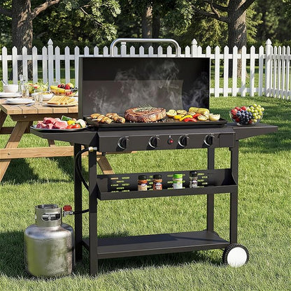 4 Burner BBQ Gas Griddle with Hood, 30 Inch Stainless Steel Portable Detachable Propane Griddle, 60,000 BTU Flat Top Grill with Side Shelves for Camping, Black