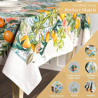 Maison d' Hermine Table Cloth Rectangle Table 100% Cotton 70 x 90 Inches Tablecloth Reusable Decorative Everyday Use for Dining Room, Farmhouse, Home, Party, Festive & Wedding Spring Summer - Agrume