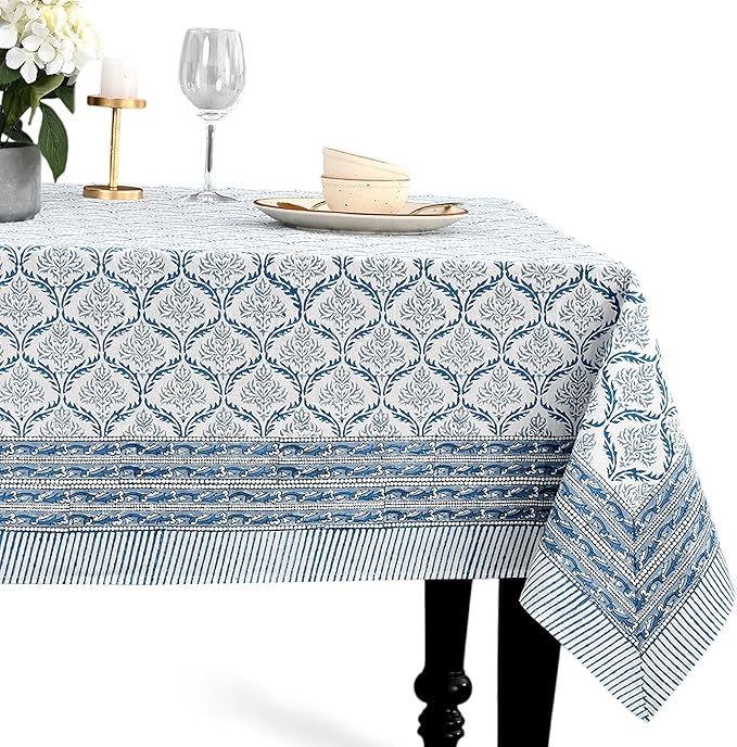 CPC Indigo Regal Tablecloth 100% Cotton 60x90 Inch Indian Block Print Rectangle Table Cover, Table Cloth for Gifting in Weddings, Halloween, Fall, Christmas, Thanksgiving