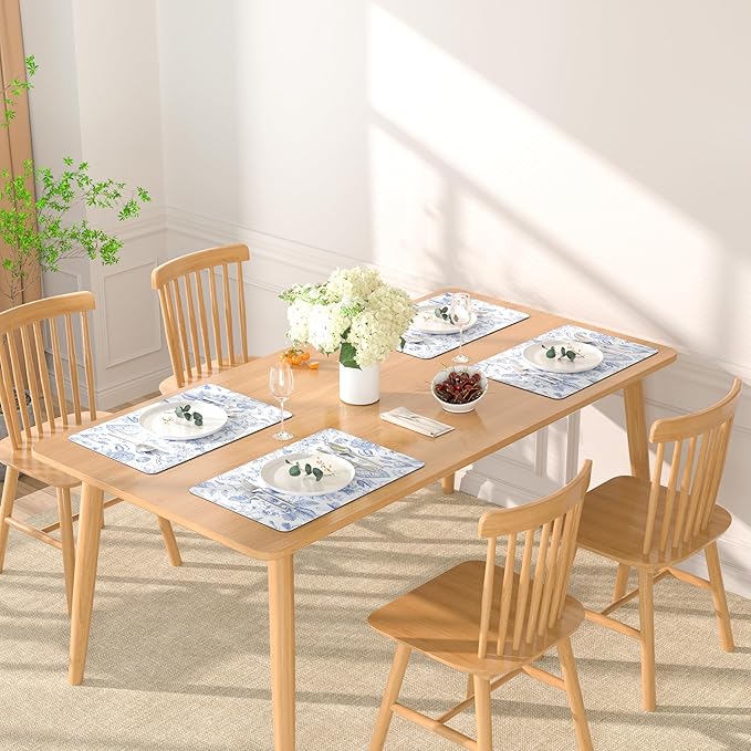 QIYI Placemats Set of 6, 12x18 Inch Faux Leather Place Mats for Kitchen Dinning, Heat Resistant Anti Slip Floral Table Mats, Waterproof Wipeable Washable Placemat Party Table Décor, Blue Flowers