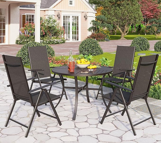 PHI VILLA Outdoor Patio Dining Set for 4, 42 Inch Round Patio Table Set with 4 Adjustable High Back Folding Patio Sling Chairs, Black