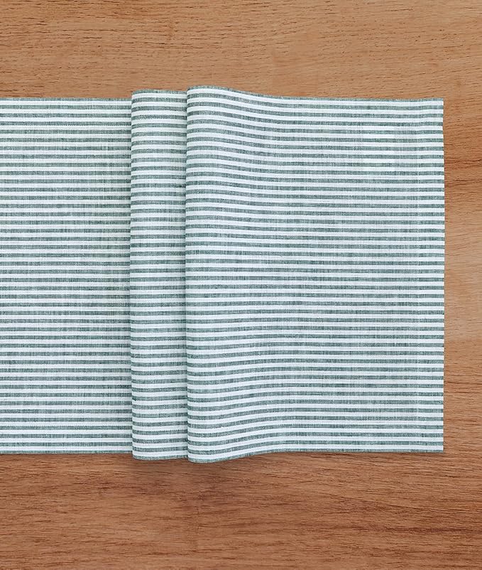 Solino Home Linen Table Runner 120 Inches Long - Narrow Stripe, 100% Pure Linen Rainforest and White Table Runner 14 x 120 Inch for Dining, St Patricks Day
