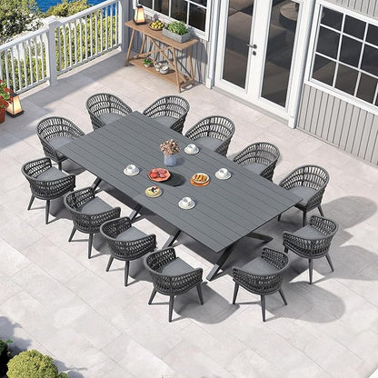 PURPLE LEAF 14 Pieces Outdoor Dining Set All-Weather PE Rattan Outdoor Patio Furniture Set with All Aluminum Frame Rectangular Table and Chairs Set for Lawn Garden Backyard Deck, Grey