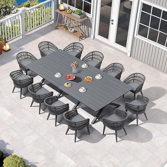 PURPLE LEAF 14 Pieces Outdoor Dining Set All-Weather PE Rattan Outdoor Patio Furniture Set with All Aluminum Frame Rectangular Table and Chairs Set for Lawn Garden Backyard Deck, Grey