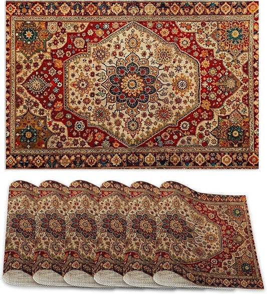 Boho Ethnic Placemats Set of 6,Retro Flower Placemats Washable Kitchen Dining Linen Table Mats Stain Heat-Resistant for Home Party Indoor 12x18 inch