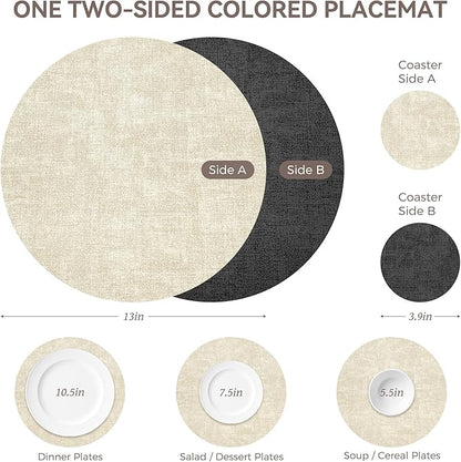 13" Round Placemats Set of 4, NCUE Dual-Sided Faux Leather Heat Resistant Table Mats, Waterproof Oilproof Washable Protective Table Placemats with Coaster, Wipeable Vinyl for Indoor & Outdoor Use