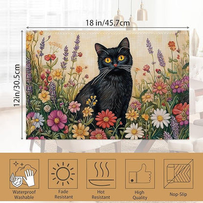 Black Cat Placemats Set of 6,Color Flower Waterproof Non-Slip Washable Table Mats for Kitchen Dining Holiday Party Wedding Decor 12x18 Inch
