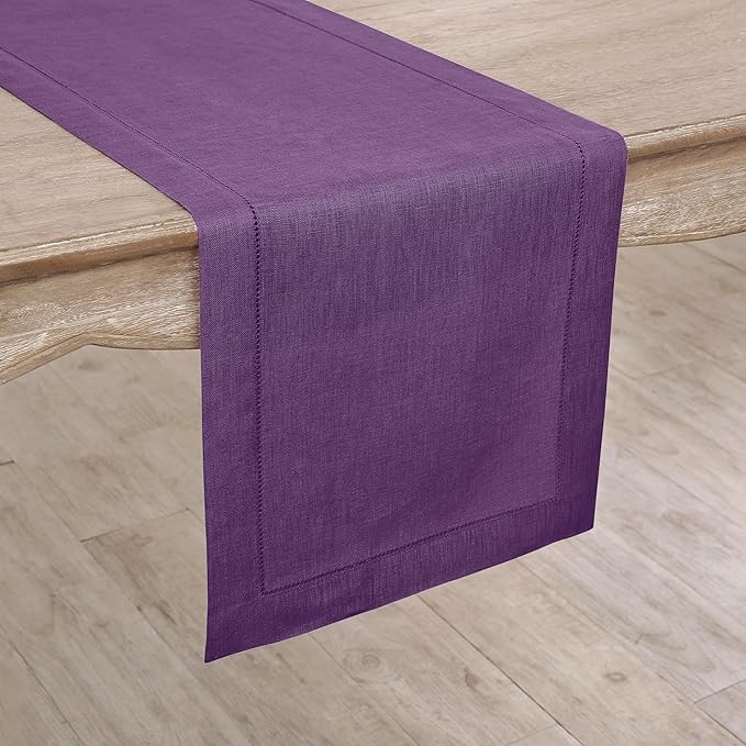 Solino Home Linen Purple Table Runner 144 Inches Long - 100% Pure Linen Extra Long Table Runner 14 x 144 Inch for Valentines, Spring, Easter - Classic Hemstitch