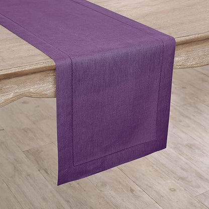 Solino Home Linen Purple Table Runner 144 Inches Long - 100% Pure Linen Extra Long Table Runner 14 x 144 Inch for Valentines, Spring, Easter - Classic Hemstitch