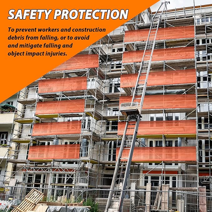 40' L x 40" W Construction Safety Debris Netting with 24 Tapes & Buckles, Orange Fire Retardant Pump Jack Safety Net, Scaffold Safety Netting Rolls Scaffold Net Enclosure
