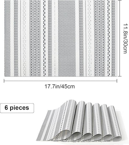 fanquare Sliver Striped Placemats 6 Pack Nordic Style Washable Place Mats Vinyl Woven Heat-Resistant Kitchen Table Mats Indoor & Outdoor Use Table Mat