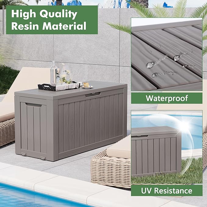 Outdoor Storage Box, Resin Deck Boxes Indoor and outdoor, Waterproof Storage Box Lockable Lid (Grey, 80 Gallon)