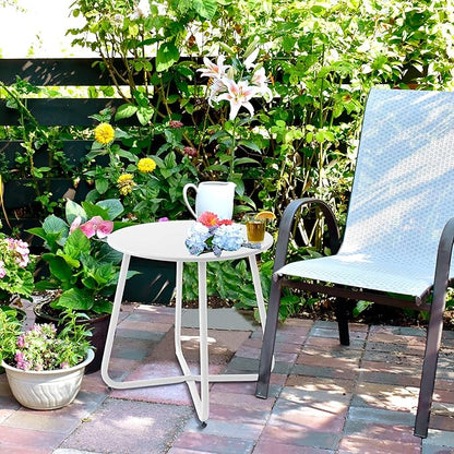 Outdoor Table Small Patio Side Table Waterproof Round Metal Side Table Weather Resistant Portable Outdoor and Indoor End Table for Garden, Balcony, Yard (White)