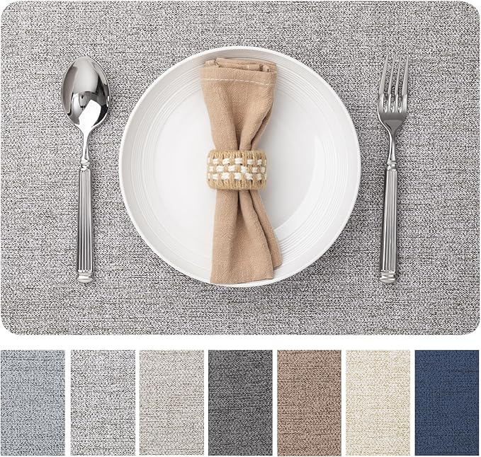 Faux Leather Placemats Set of 12 Vinyl Washable Wipeable Table Mats for Kitchen Dining Table Heat Resistant Waterproof Modern Indoor/Outdoor Placemats Non-Slip Easy Clean Place Mats (Mid Gray)