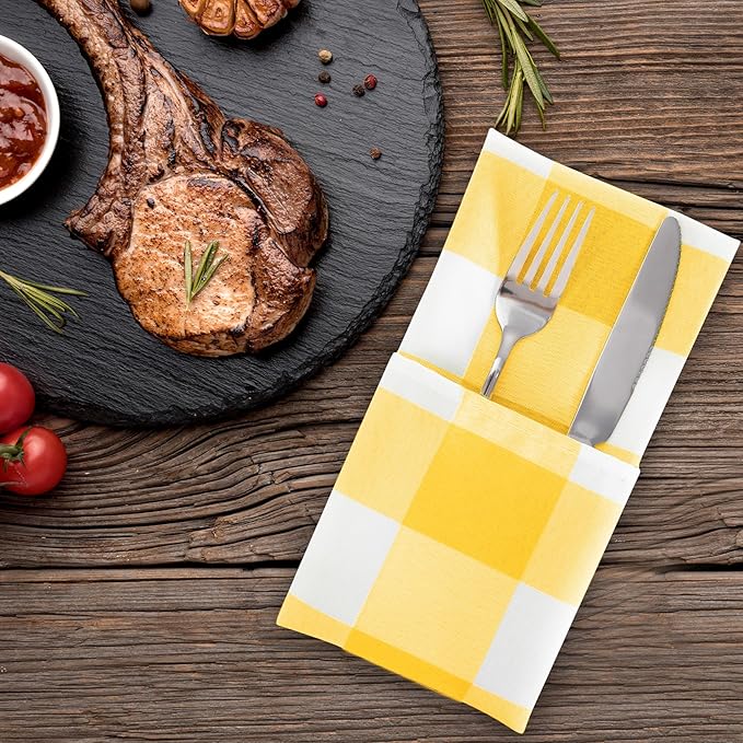 Buffalo Plaid Table Napkins Set of 12 Checkered Cloth Napkins 17x17 inch Washable Dinner Gingham Pattern Napkins Soft Napkins for Wedding Party Dining Banquet(Yellow and White)