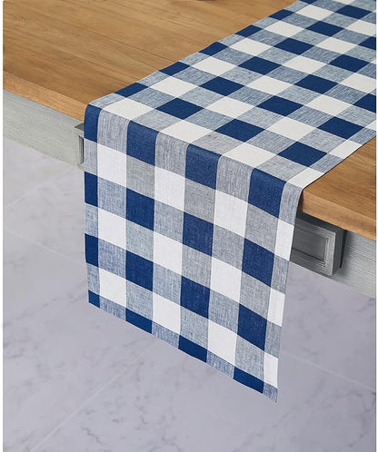 Solino Home Linen Checkered Table Runner 108 Inches Long - 100% Pure Linen Blue and White Buffalo Check Table Runner 14 x 108 Inch Ideal for Dining, Winter, Spring, Easter