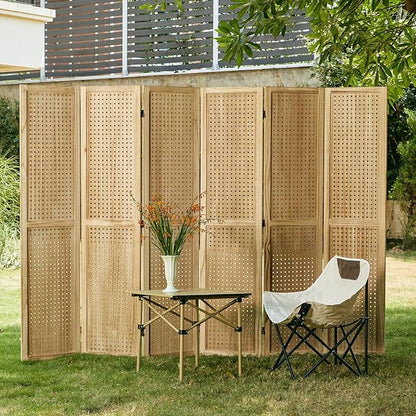 Pegboard Display, 5.6Ft Portable Freestanding Wall Organizer Wooden Room Divider Folding Privacy Screens for Craft Art Display Board (6panels, Natural)
