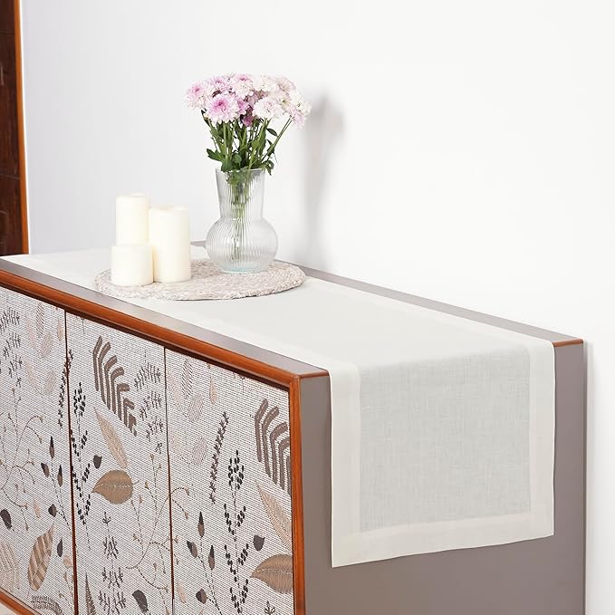 D'Moksha Homes Linen Ivory Table Runner 36 Inches - 100% Pure Linen Small Table Runner 14 x 36 Inch for Dresser, Coffee Tables, Valentines, Holiday - Machine Washable